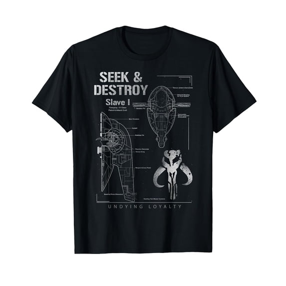 Technical Boba Ship Design T-Shirt Featuring Seek & Destroy Schematic Details