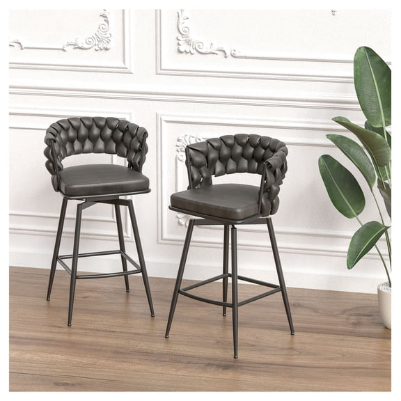 Technical Leather Bar Stools Set of 2, Swivel Counter Height Chairs for Kitchen Island, 360 Rotation Upholstered Barstools with Back & Footrest, Tan