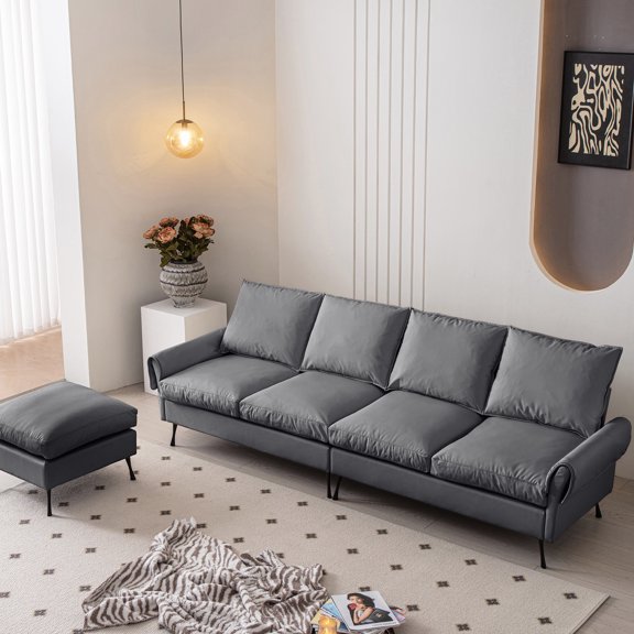 Technical Leather Sectional Sofa with Convertible Ottoman / Anti-fouling, Good for Modern Living Spaces