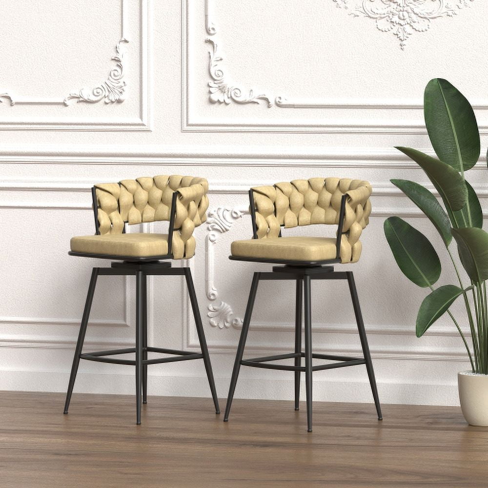 Technical Leather Woven Bar Stool Set of 2,Black legs Barstools No