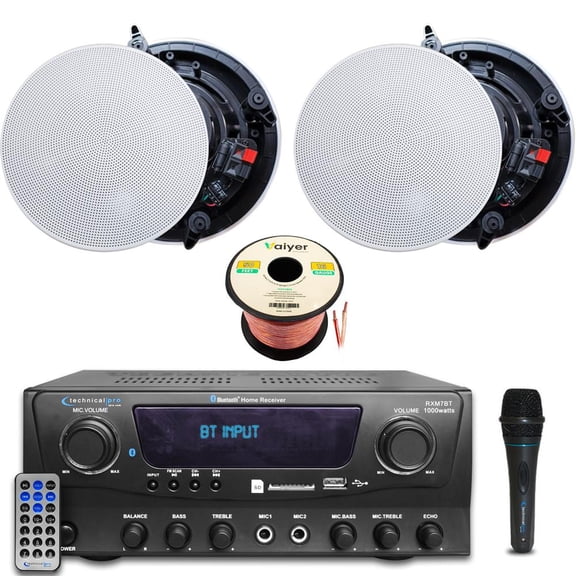 Technical Pro 1000W Bluetooth Home Audio System Kit with 2x 8" Frameless Ceiling Speakers, Mic, 50 ft Speaker Wire, Remote for Home Office Restaurant Bar Use