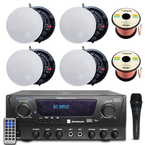 Technical Pro 1000W Bluetooth Home Theater System Kit with 4x 8" Frameless Ceiling Speakers, Mic, 100 ft Speaker Wire and Remote for Home Office Restaurant
