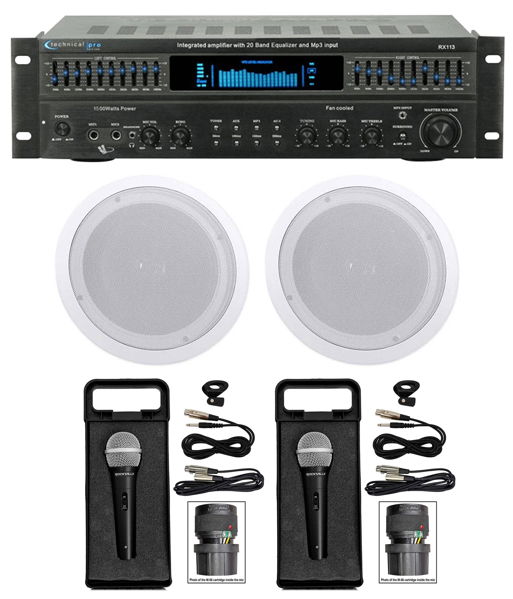 Technical Pro 1500 Watt Home Karaoke Machine System+(2) 8" Ceiling Speakers