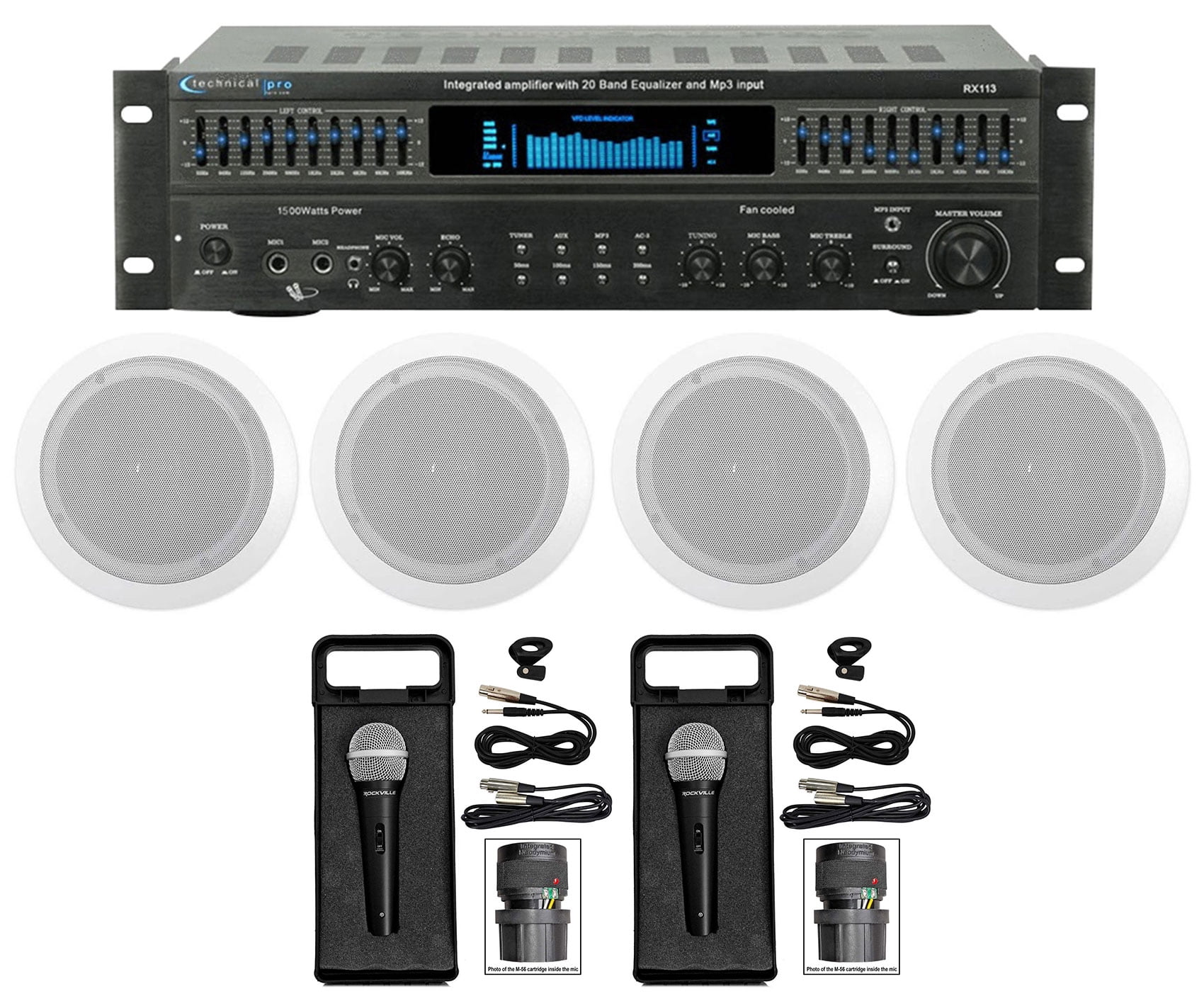 Technical Pro 1500 Watt Home Karaoke Machine System+(4) 6.5" Ceiling Speakers