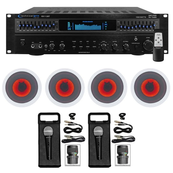Technical Pro 1500w Home Karaoke Machine System Bundle with (4) 6.5" LED Ceiling Speakers