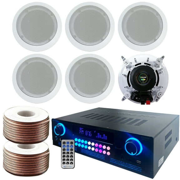 Technical Pro 2000W Bluetooth Amplifier 6.5" Ceiling Speakers 100ft Speaker Wire