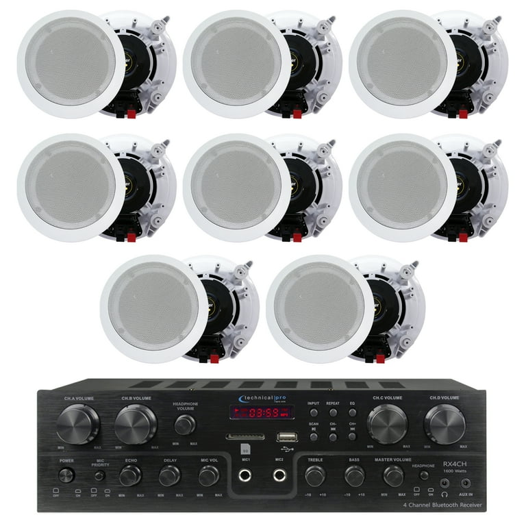 Technical Pro 4 Channel 1000 Watts 8 Speaker Bluetooth Receiver with RCA USB with 4 Pairs of 5.25 Ceiling Wall Mount
