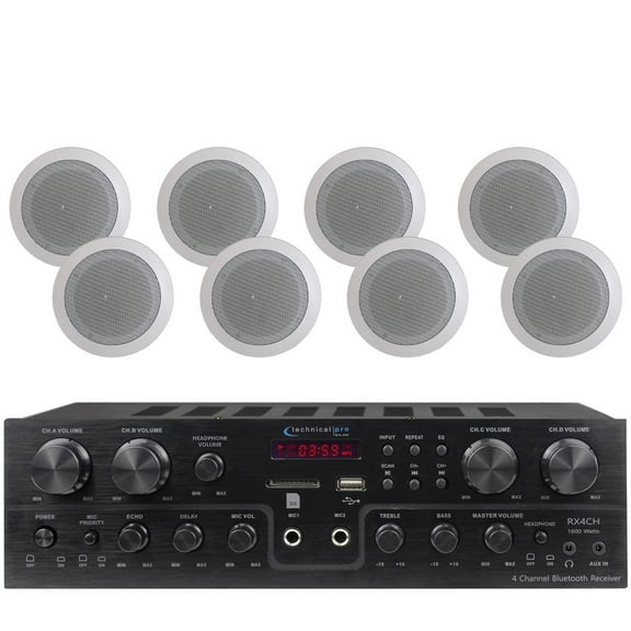 Technical Pro 4 Room 1000W 4 Channel Bluetooth Receiver 4 Pair Wall Speakers