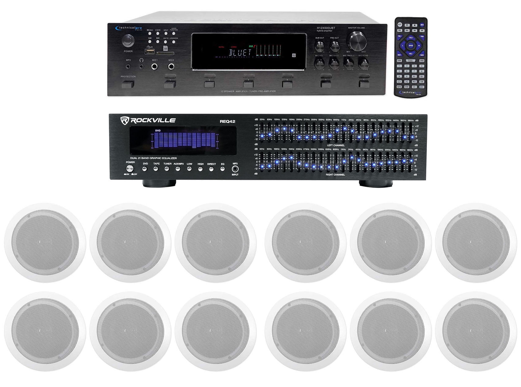 Technical Pro 6000w 6-Zone, Home Theater Bluetooth Receiver+12) 6.5" Speakers+EQ