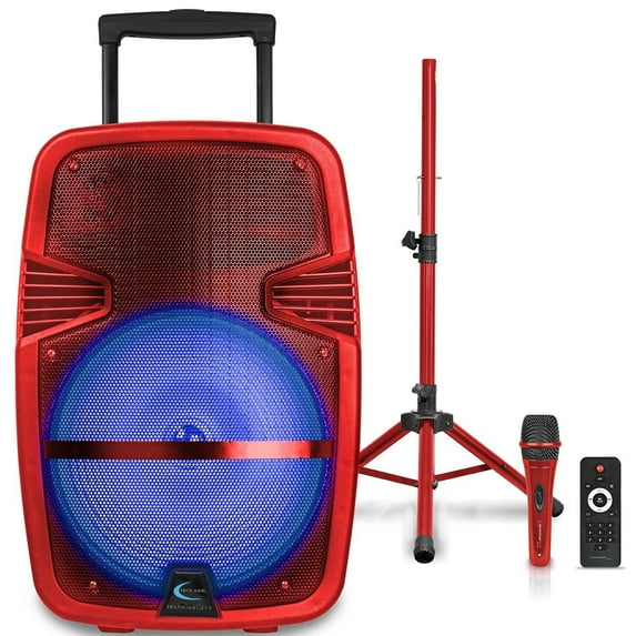 Technical Pro Bluetooth Loudspeaker 3000W 15 Inch Rechargeable Red Tripod Mic