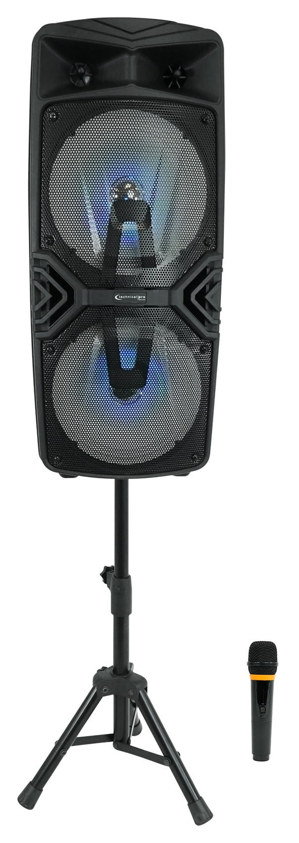 Technical Pro Dual 8" Rechargeable Backyard DJ Party Speaker System with Stand and Microphone. Model: STAGE28
