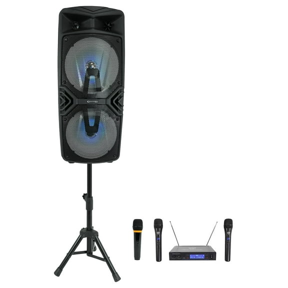Technical Pro Dual 8" Rechargeable Karaoke Machine System Bundle with Stand & 3) Wireless Mics