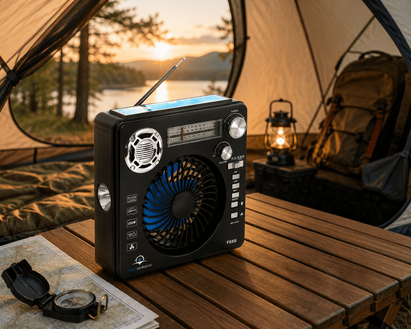 Technical Pro FS5S Rechargeable Solar Fan with Bluetooth Speaker, FM Radio and LED Flashlight