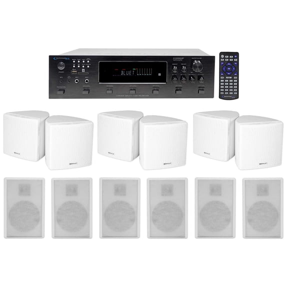6-Zone Receiver+6) White 3.5" Cube+Slim Wall Speakers For Restaurant/Bar/Cafe