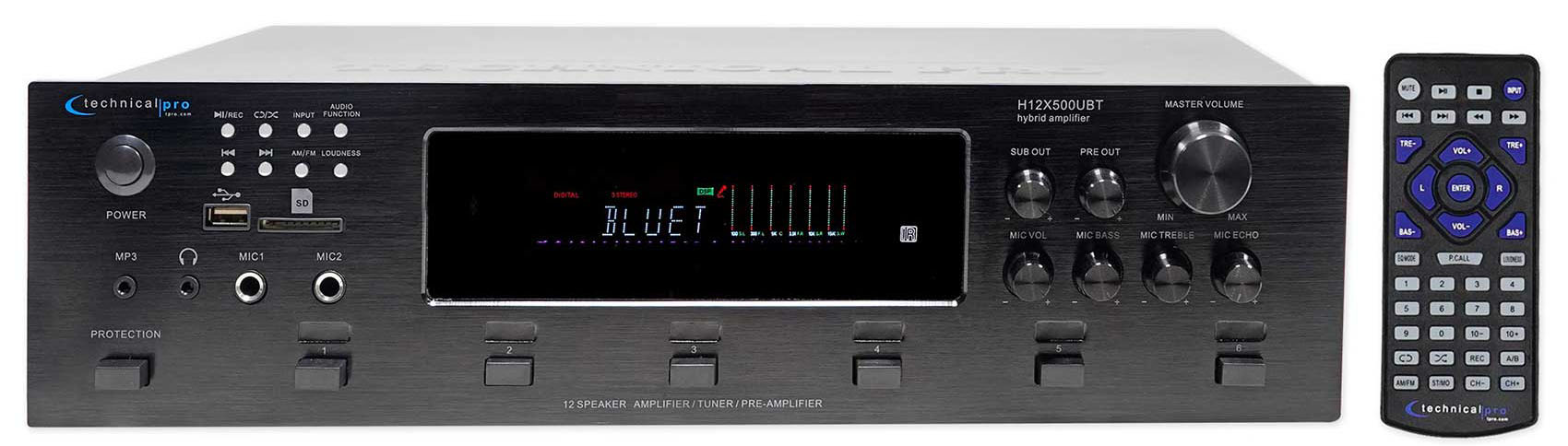 Technical Pro H12X500UBT 6000W Professional Bluetooth Amplifier - 2-Channel, USB/SD, AM/FM