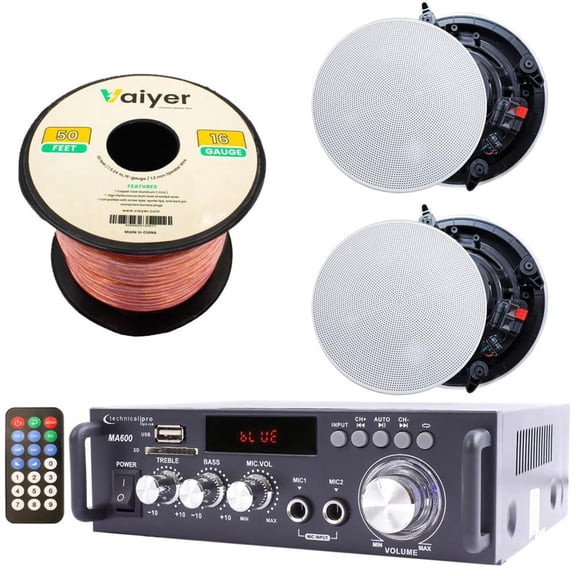 Technical Pro Home Audio System Kit, 600W Bluetooth Amplifier with (2) 8" Frameless In-Ceiling Speakers, 50 ft Speaker Wire & Remote