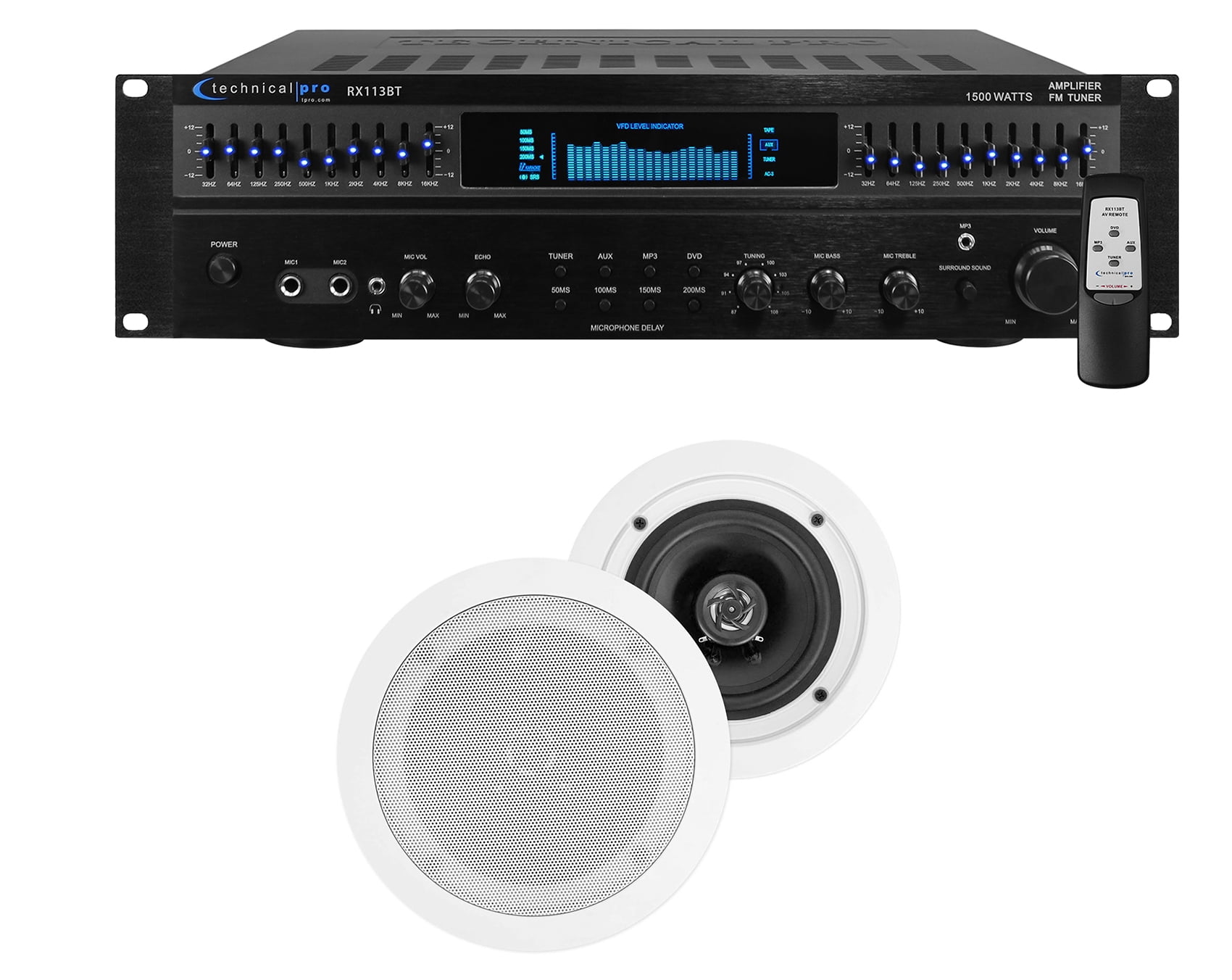 Technical Pro Home Theater Amplifier Receiver+(2) 5.25" White Ceiling Speakers