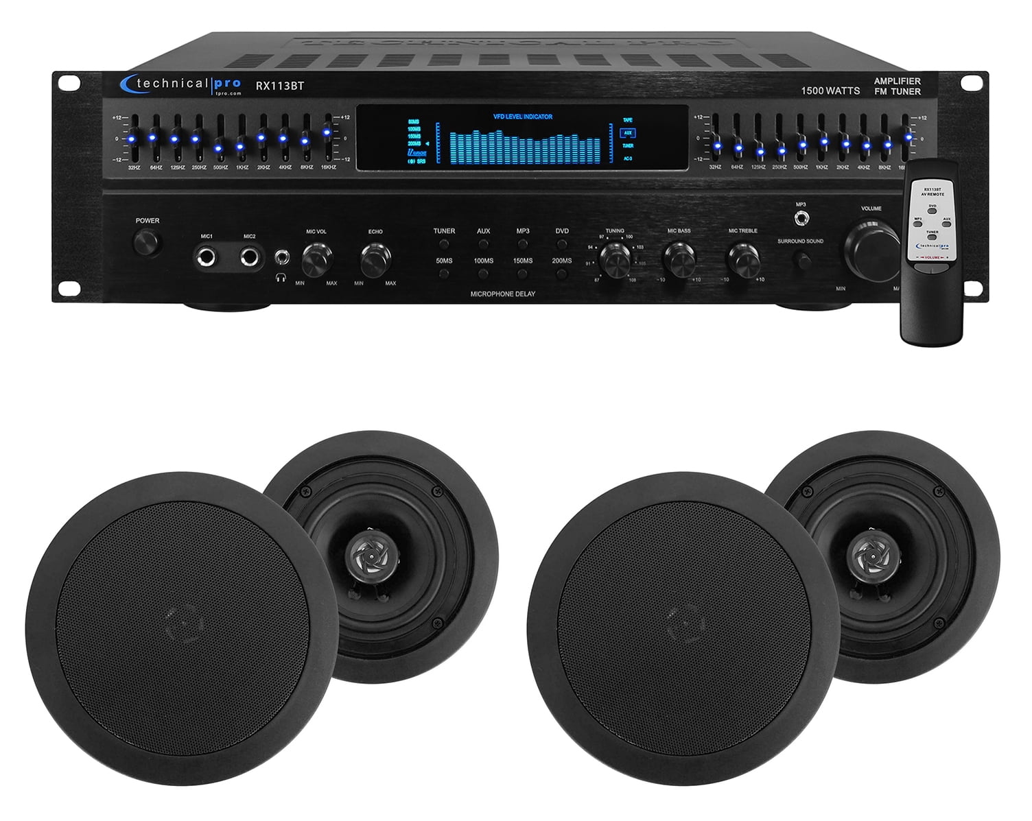 Technical Pro Home Theater Amplifier Receiver+(4) 5.25" Black Ceiling Speakers