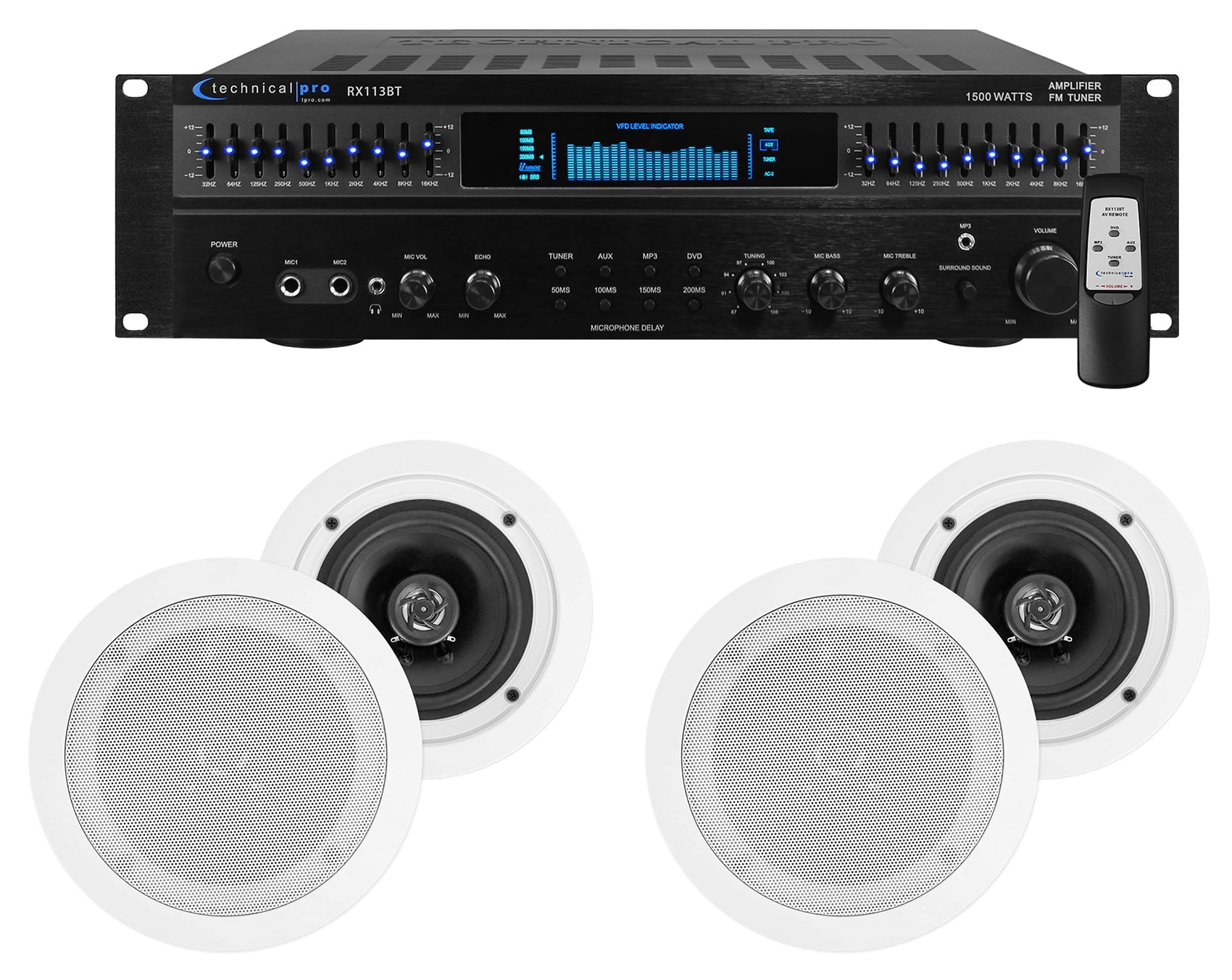 Technical Pro Home Theater Amplifier Receiver+(4) 5.25" White Ceiling Speakers