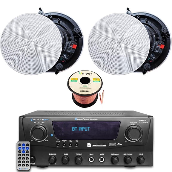 Technical Pro Home Theater System Kit 1000W Bluetooth Amplifier with 2x 8" Frameless Ceiling Speakers, 50 ft Speaker Wire and Remote for Home Office Bar Restaurant