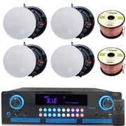 Technical Pro Home Theater System Kit 2000W Bluetooth Amplifier with 4x 8 Frameless Ceiling Speakers, 200 ft Speaker Wire and Remote for Living Room Office Bar Use