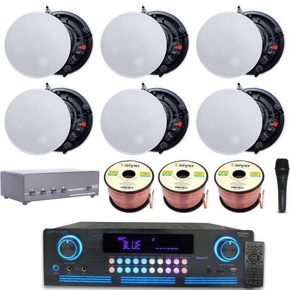 Technical Pro Home Theater System Kit 2000W Bluetooth Amplifier with 6x 8" Frameless Ceiling Speakers, 4-Ch Selector, 300 ft Wire, Mic and Remote for Home Office Bar