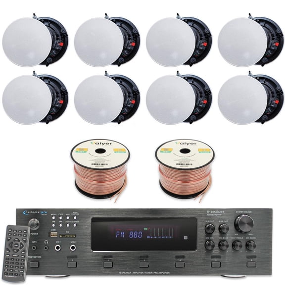 Technical Pro Home Theater System Kit 6000W 6 Channel Bluetooth Amplifier with 8x 8" Frameless Ceiling Speakers, 500 ft Speaker Wire and Remote for Home Office Restaurant Use