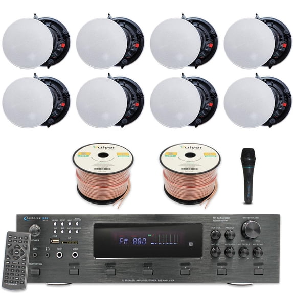 Technical Pro Home Theater System Kit 6000W 6 Channel Bluetooth Amplifier with 8x 8" Frameless Ceiling Speakers, Mic, 500 ft Speaker Wire and Remote for Home Office Restaurant