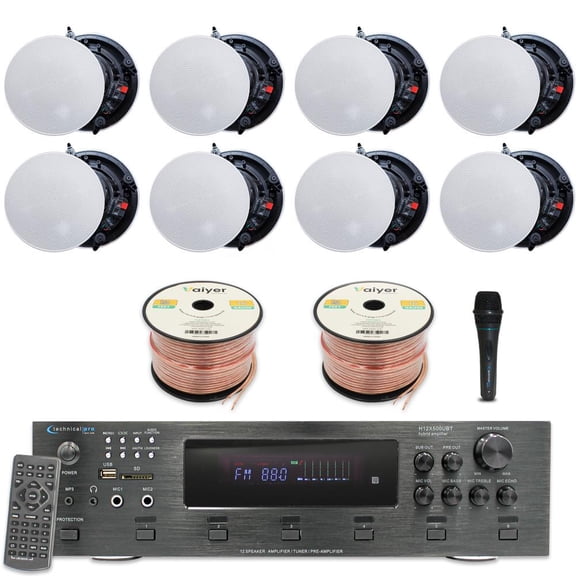 Technical Pro Home Theater System Kit 6000W 6 Channel Bluetooth Amplifier with 8x 8" Frameless Ceiling Speakers, Mic, 500 ft Speaker Wire and Remote for Home Office Restaurant