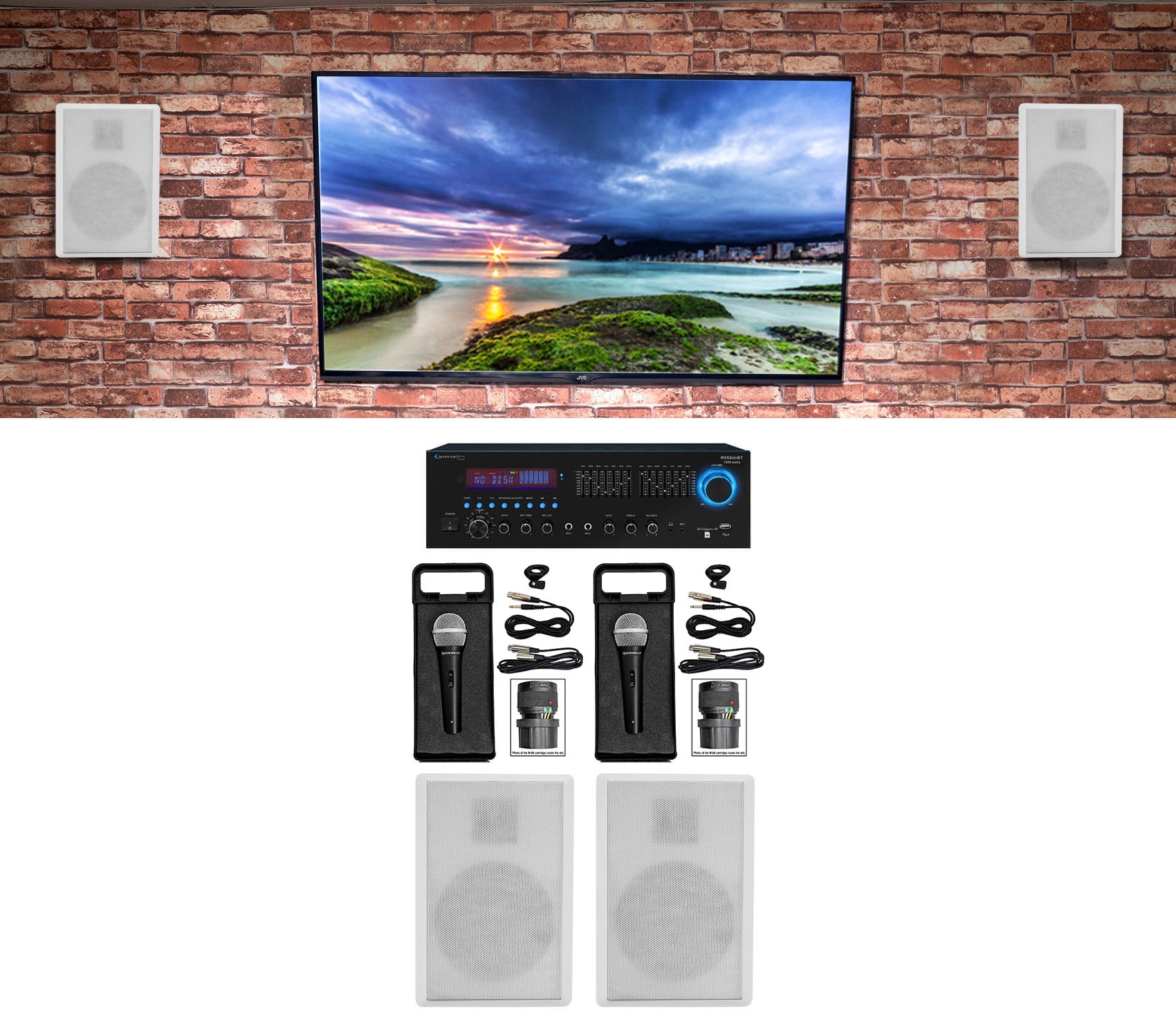 Technical Pro Karaoke Machine System w/ Bluetooth+(4) 5.25" White Wall ...