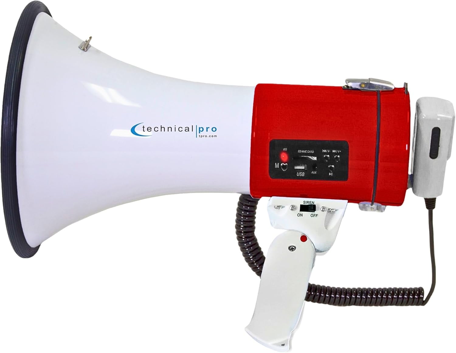 Technical Pro Portable Lightweight 75-Watt Megaphone Bullhorn w Siren, Detachable Microphone & Strap - Professional Outdoor Voice for Police & Cheer Leading