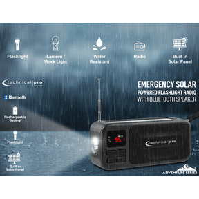 Technical Pro R450BTS Portable Emergency AM/FM Bluetooth Radio with Solar Power & Flashlight, Black