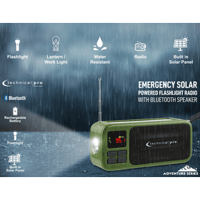 Technical Pro R450BTS Emergency Solar AM/FM Radio with Bluetooth Speaker and Flashlight, Green