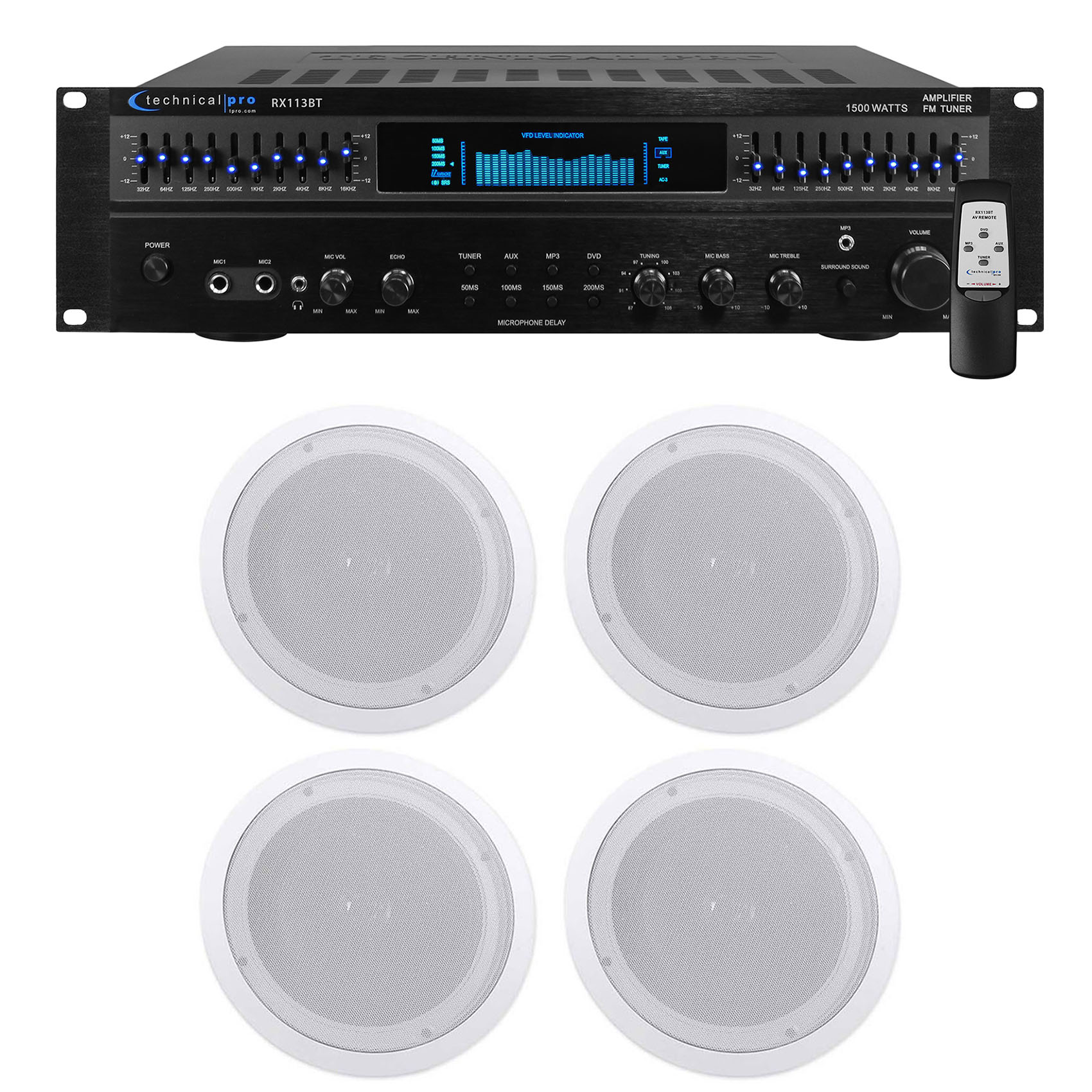 Technical Pro RX113 1500w Home Theater Amplifier Receiver+4) 8" Ceiling Speakers - image 1 of 11