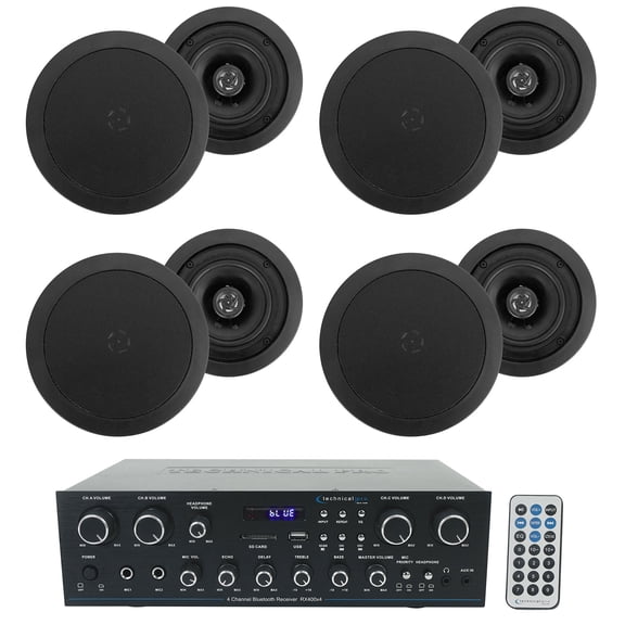 Technical Pro RX400X4 Bluetooth Home Receiver Amp+8) 5.25" Black Ceiling Speaker