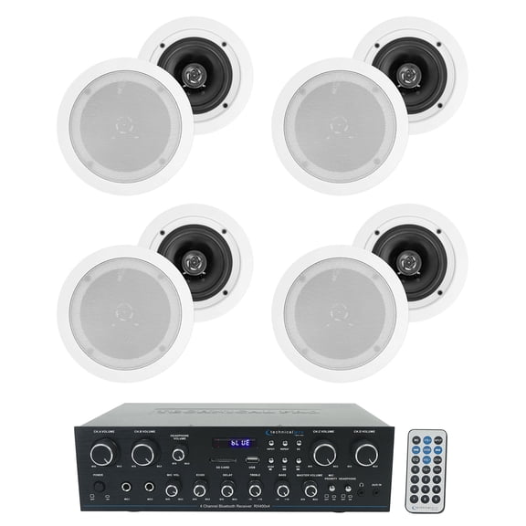 Technical Pro RX400X4 Bluetooth Home Receiver Amp+8) 5.25" White Ceiling Speaker