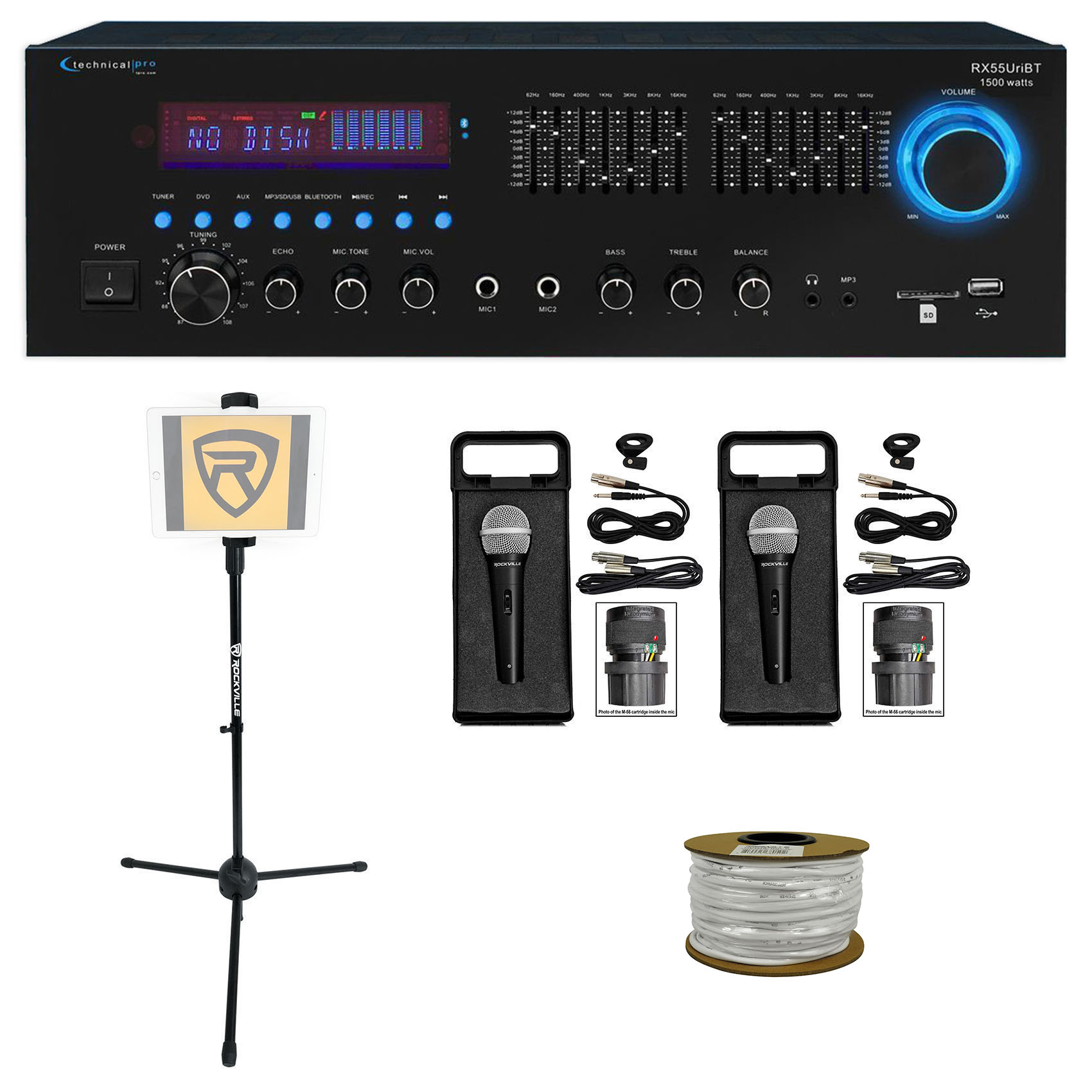 Technical Pro RX55URIBT 1500W Karaoke Bluetooth Receiver+USB/SD/EQ+Mics+Stand - image 1 of 11