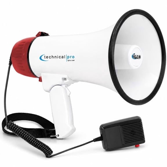 Technical Pro Rechargeable 50W Megaphone Bullhorn, 1000 Ft Range, Voice Record, Siren & Volume Control, White/Red