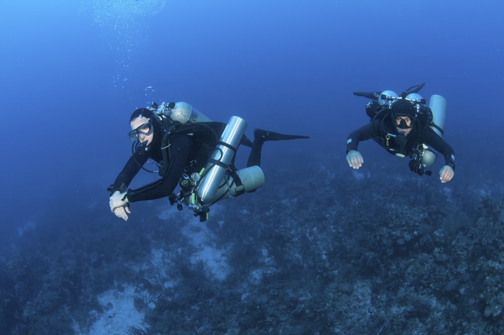 Technical divers with equipment swimming in caribbean reef Canvas Art - Karen DoodyStocktrek Images (18 x 12)