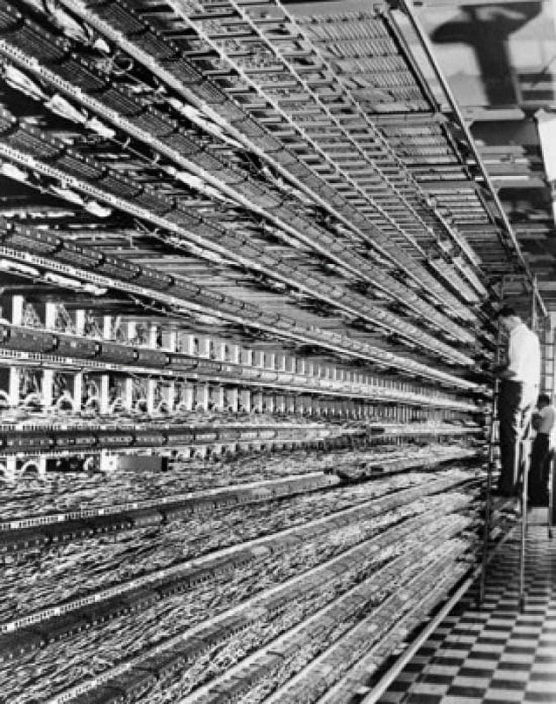 Technicians working on a distributing frame in a telephone network control room Canvas Art -  (18 x 24)