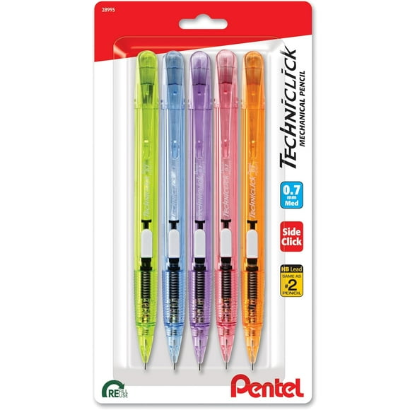 Techniclick 0.7mm Mechanical Pencil  Pack of 5, Smooth Writing Pencil for Students & Professionals, Medium Line, Side-Click Lead Advance, Assorted Pastel Barrel Colors (PD107TBP5M)