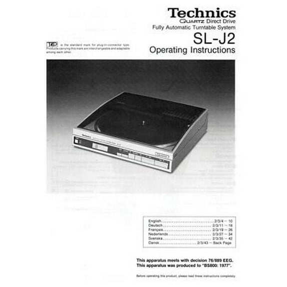 Instruction Manual ONLY for Technics SL-J2 Turntable Owners Instruction Manual REPRINT