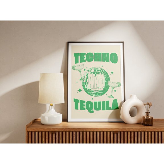 Techno And Tequila Print Trendy Wall Art Art Cocktail Print Techno Wall Art Retro Print Bar Cart Art Tequila Trendy Funky, Unframed Canvas Size 12x18