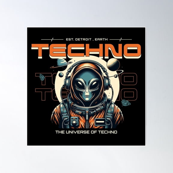 Techno - Dj Alien Astronaut (White) Poster Wall Art, Modern Wall Decor For Living Room Bedroom, 24x24 UNFRAMED