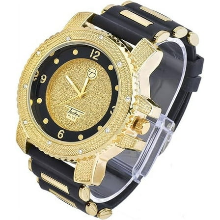 Techno Pave Hip Hop Inspired Mens Bling-Iced Watch - 52mm Case Size - Quartz Movement (7758 / GOLD/BLACK/BLACK)