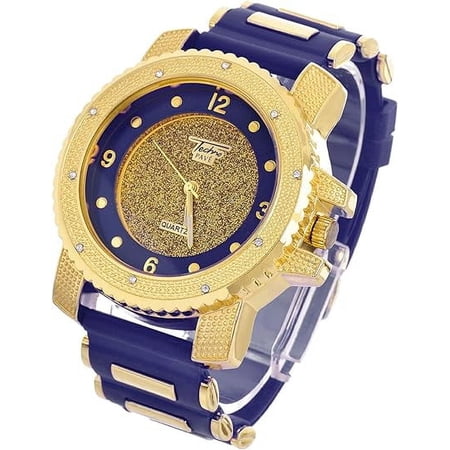 Techno Pave Hip Hop Inspired Mens Bling-Iced Watch - 52mm Case Size - Quartz Movement (7758 / GOLD/BLUE)