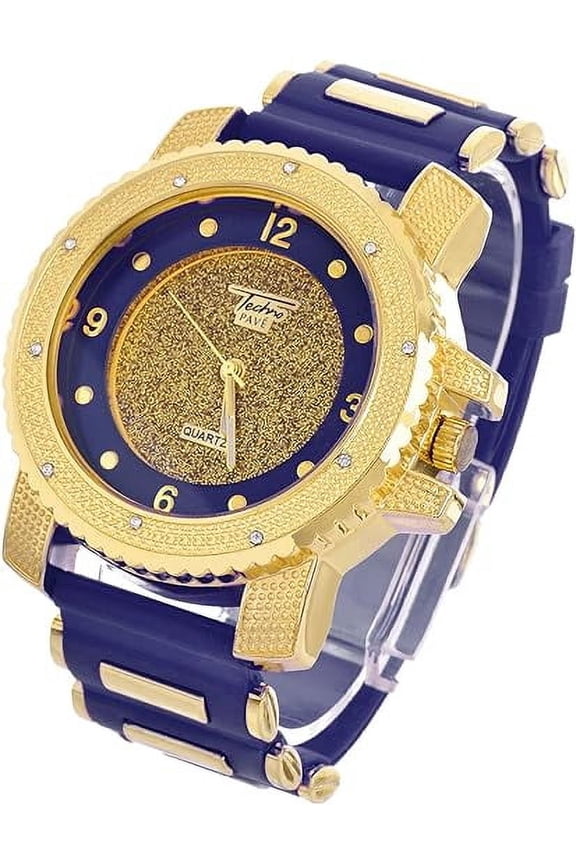 Techno Pave Hip Hop Inspired Mens Bling-Iced Watch - 52mm Case Size - Quartz Movement (7758 / GOLD/BLUE)