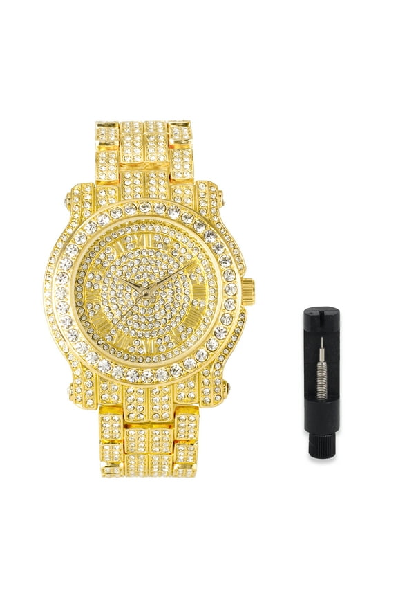 Men's 45mm Iced Out Diamond Watch with Roman Dial - Simulated Crystals - Bling-ed Out Adjustable Metal Band - 14k Gold Tone Finish