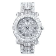 Techno Pave Men's 45mm Iced Out Diamond Watch with Roman Dial - Simulated Crystals - Bling-ed Out Adjustable Metal Band - Silver Color