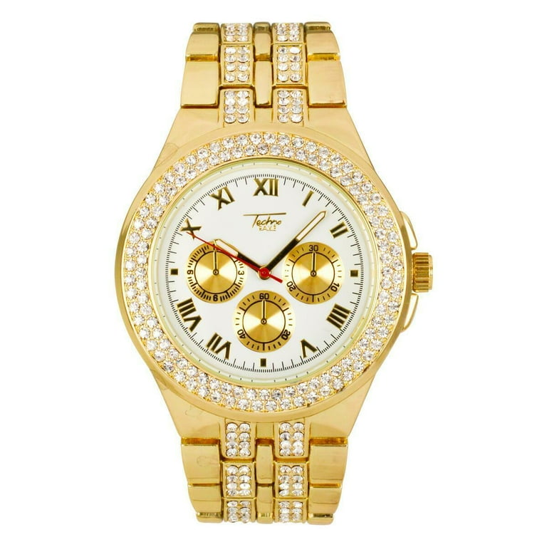 Techno Pave Men s Hip Hop Gold Plated Iced Metal Band Watches 8324 110A Walmart